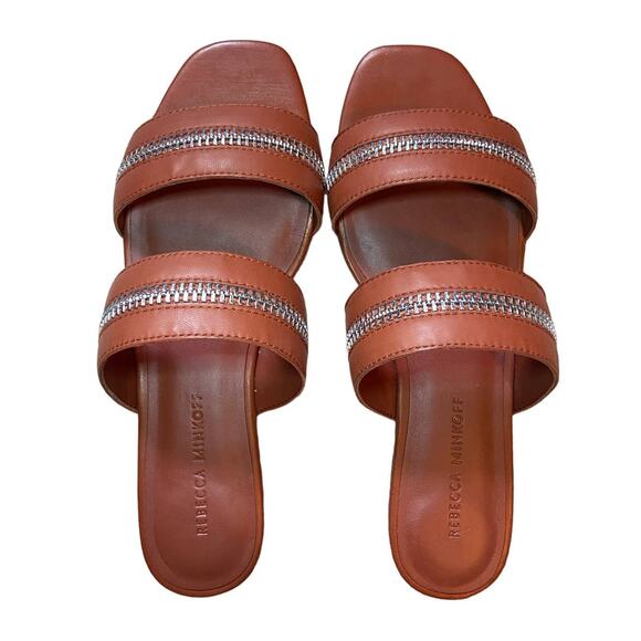 Rebecca Minkoff Leather Marciann Zipper Slip On Wide Strap Sandals Brown Size 7 - Picture 1 of 5